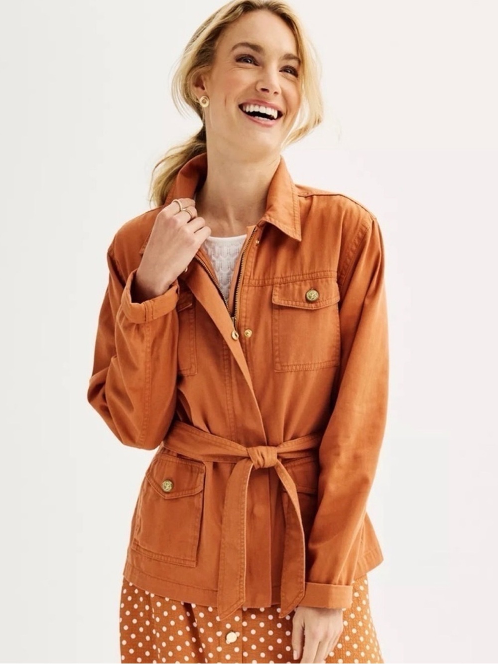 Draper James RSVP Twill Field Jacket Zip Front Tie Waist Rust Orange Size XL